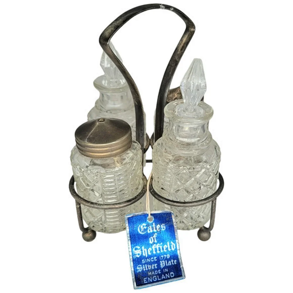 Antique Deadstock 30s Sheffield Silver Plate 5 Piece Pressed Glass Cruet Set